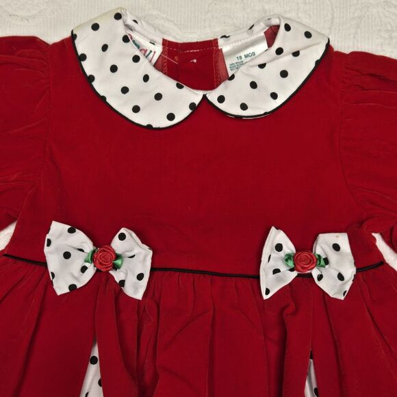 Small Steps Red Velvet Polkadot Bow 80s Party Baby Kid Dress 18 Months Christmas - Picture 2 of 8